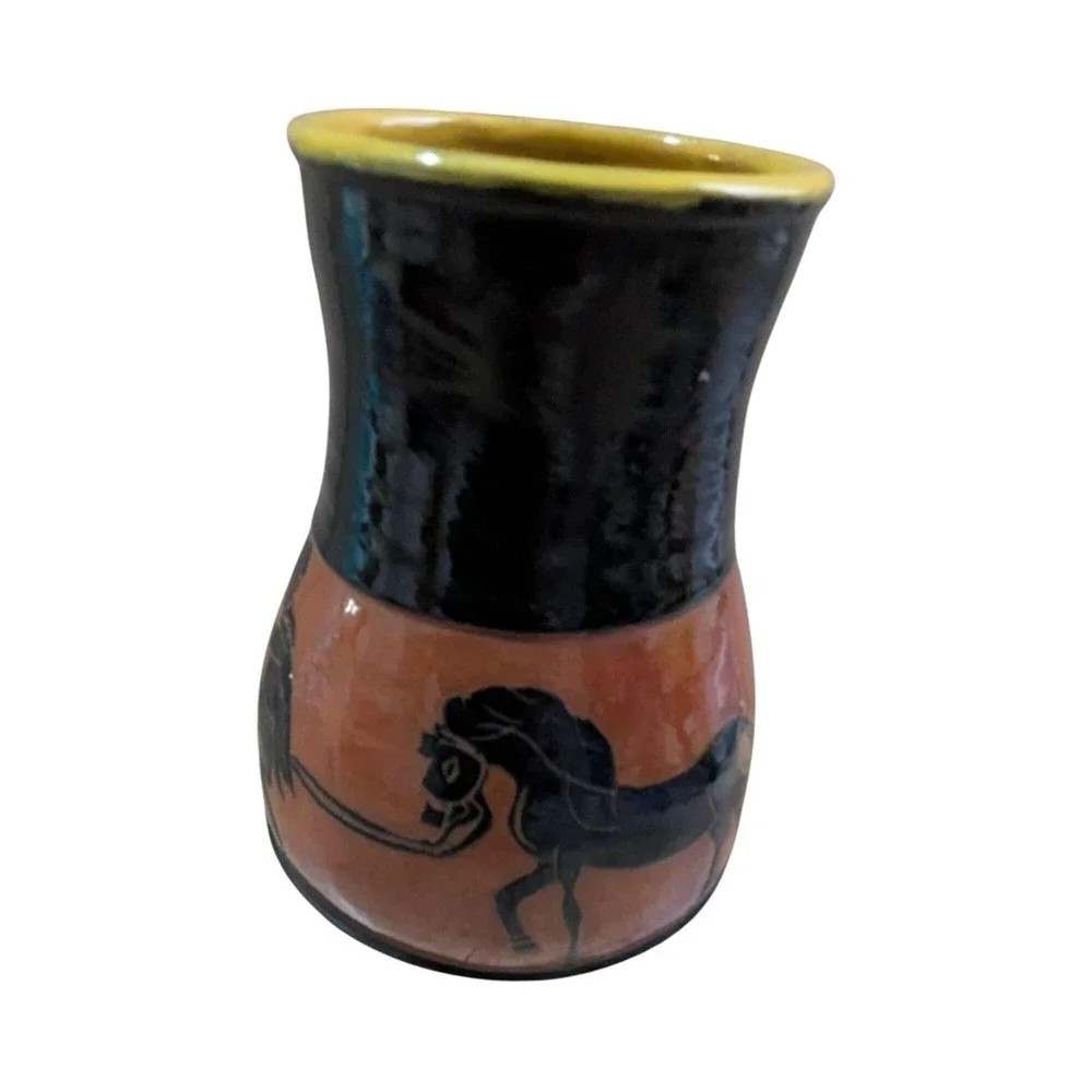 Vintage 1974 Studio Pottery Vase Black Horse Yellow Rim Signed Benham?‎ 7